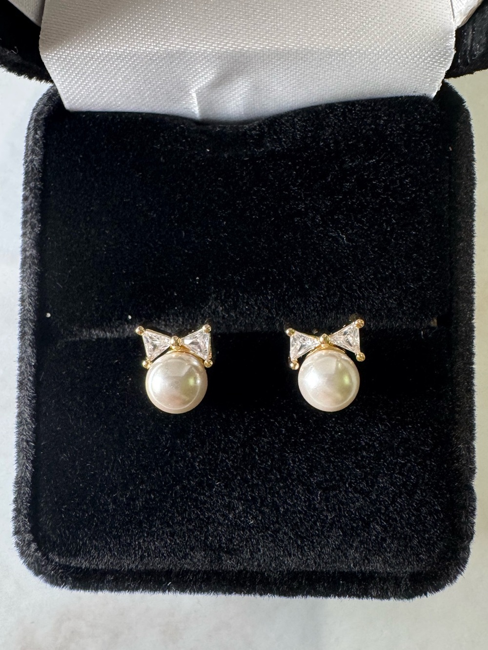 Crystal Bow Pearl Drop Stud Earrings